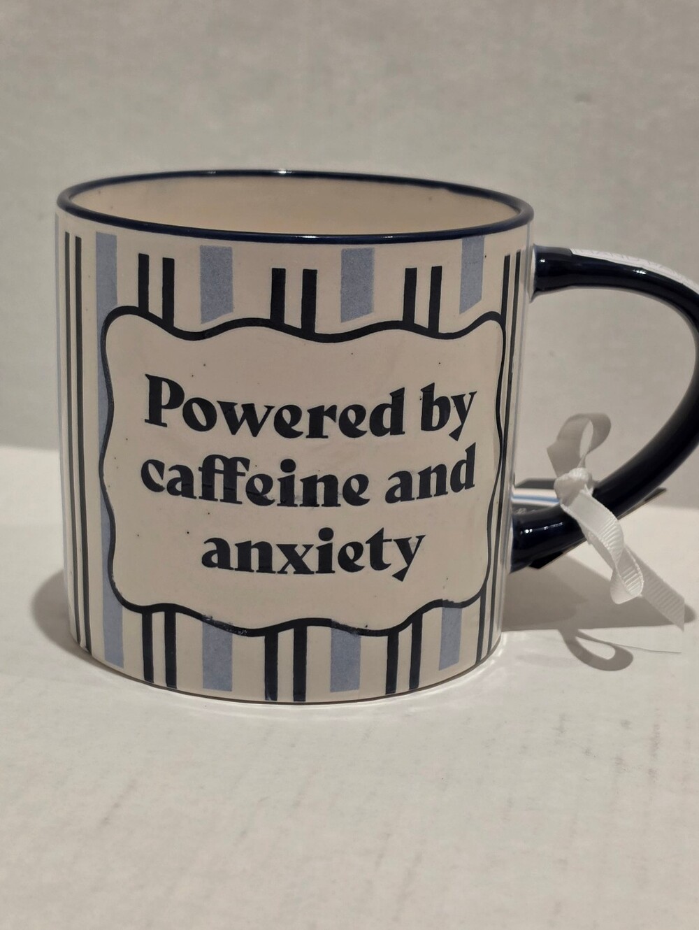 Ceramic Coffee Mug - "Powered by Caffeine and Anxiety" 20 Oz Blue/Cream Striped